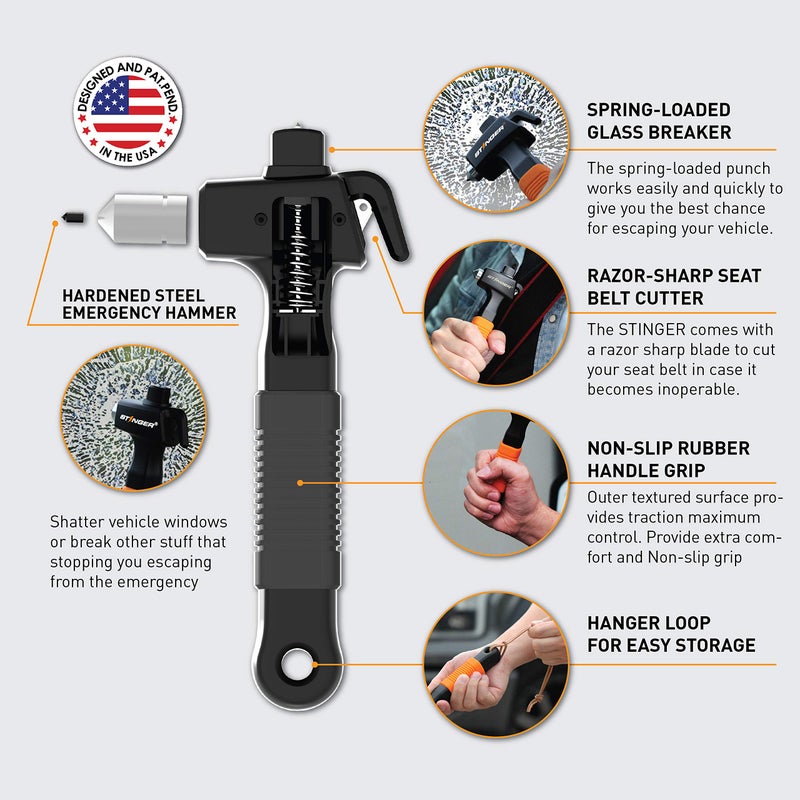Stinger Super Duty Car Emergency Escape Tool, Hardened Carbon Steel Vehicle Safety Hammer, Spring Loaded Window Breaker, Razor Sharp Seat Belt Cutter, Auto Accident Life-Saving Rescue Tool (Black) - Image 2